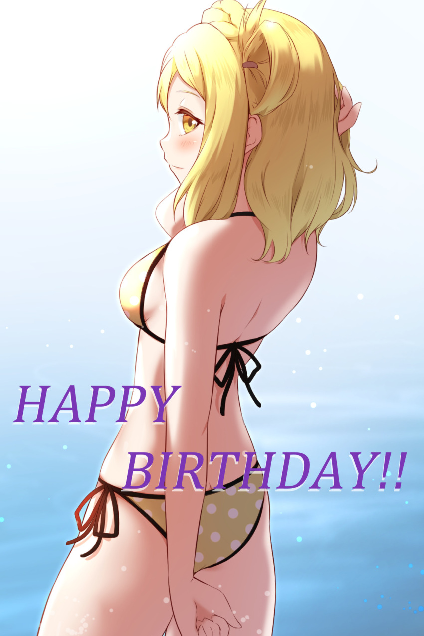 arm_behind_back bikini black_ribbon blonde_hair blush braid breasts cowboy_shot crown_braid from_behind gradient gradient_background hair_ornament hairclip hand_in_hair happy_birthday highres hitotsuki_no_yagi long_hair love_live! love_live!_sunshine!! medium_breasts ohara_mari polka_dot polka_dot_bikini ribbon side-tie_bikini sideboob solo standing swimsuit white_polka_dots yellow_bikini yellow_eyes