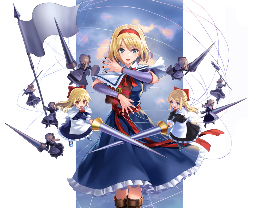 1girl alice_margatroid apron bangs black_dress blonde_hair blue_dress blue_eyes book boots bow brown_footwear capelet commentary_request detached_sleeves doll dress feet_out_of_frame flag frilled_dress frills hair_bow hairband highres hirono_(hxze4434) holding holding_flag holding_lance holding_polearm holding_shield holding_weapon hourai_doll keyhole knee_boots lance long_hair looking_at_viewer minigirl multiple_girls open_mouth polearm puppet_strings purple_dress red_eyes red_hairband shanghai_doll shield short_hair short_sleeves solo touhou waist_apron weapon white_capelet