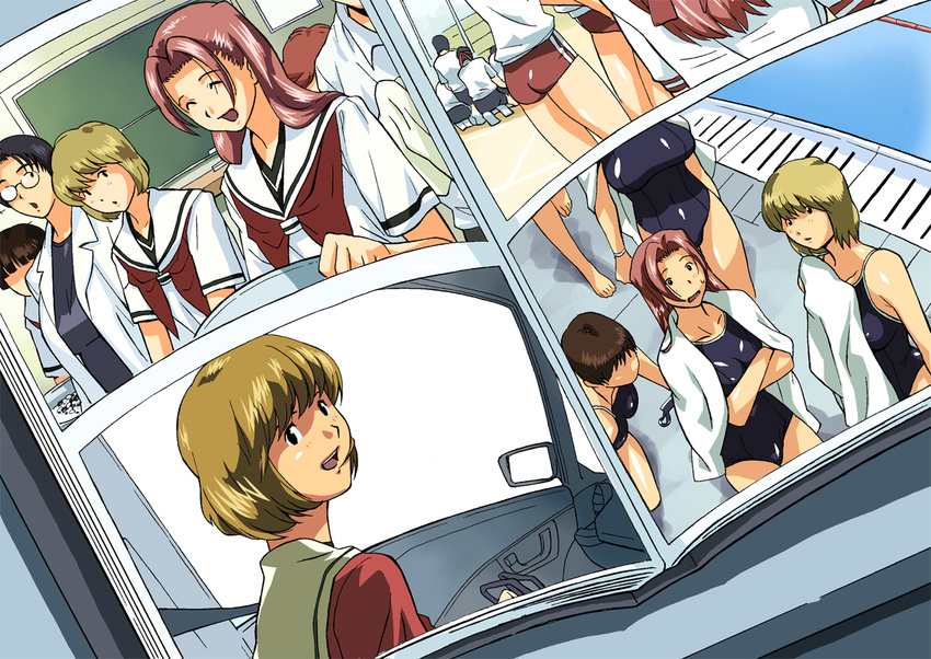 ass black_hair blonde_hair brown_hair buruma car car_interior chalkboard cirima classroom closed_eyes drain_(object) fujisaki_akari glasses ground_vehicle gym_uniform happy hikaru_no_go lane_line laughing long_hair looking_back motor_vehicle multiple_girls nase_asumi one-piece_swimsuit photo_(object) pink_hair pool poolside pov school_swimsuit school_uniform serafuku short_hair smile swimsuit tamako-sensei teacher towel towel_around_neck