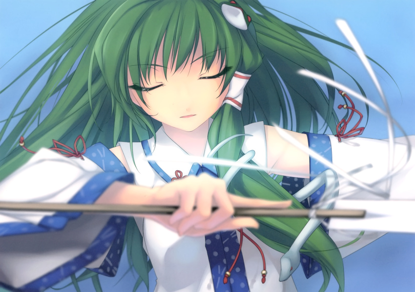 arm_at_side bangs blue_background closed_eyes collared_shirt detached_sleeves eyebrows_visible_through_hair foreshortening frog_hair_ornament gohei green_hair hair_ornament hair_tubes highres holding kochiya_sanae long_hair long_sleeves messy_hair outstretched_arms parted_lips red_ribbon ribbon rokuwata_tomoe shirt sleeveless sleeveless_shirt snake_hair_ornament solo touhou upper_body white_shirt wide_sleeves