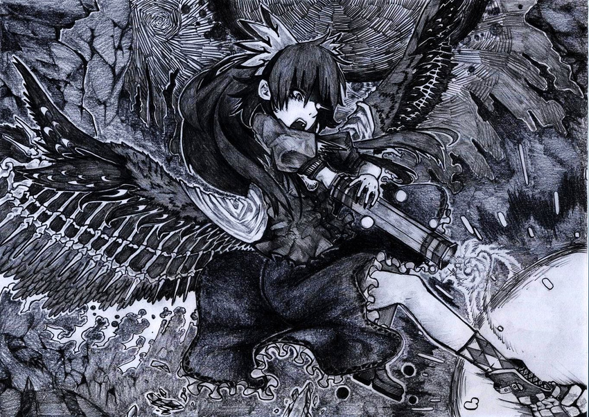 bone bow chotto graphite_(medium) greyscale hair_bow long_hair monochrome reiuji_utsuho solo touhou traditional_media wings