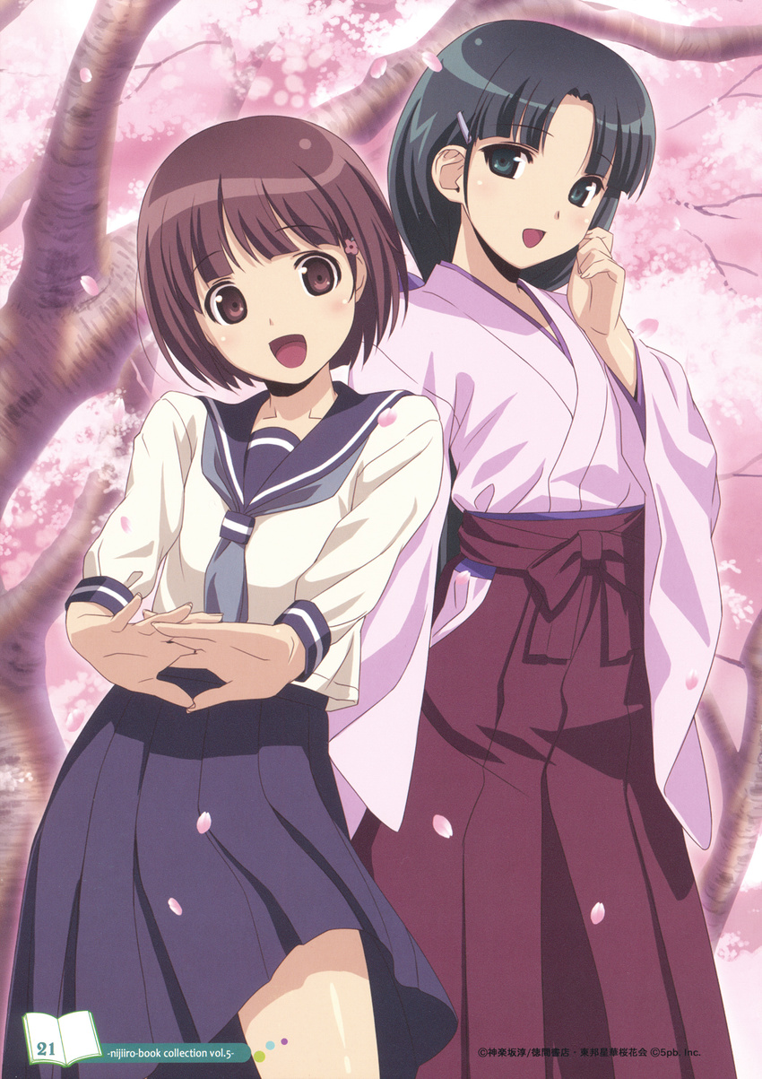 absurdres black_eyes black_hair bob_cut brown_eyes brown_hair cherry_blossoms hair_ornament hairclip highres japanese_clothes koutaro long_hair multiple_girls open_mouth petals school_uniform short_hair stretch suzukawa_koume taishou_yakyuu_musume tsukubae_shizuka