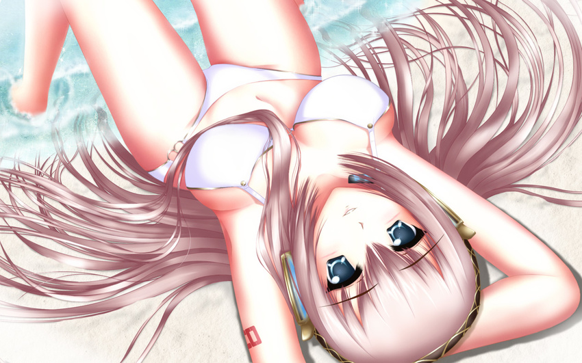 beach bikini blue_eyes day headphones long_hair megurine_luka nohoho_(kakikonchi) pink_hair solo swimsuit vocaloid wallpaper