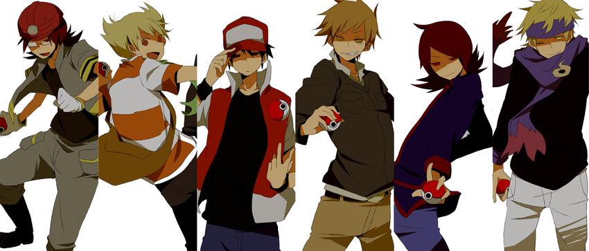 baseball_cap hat holding holding_poke_ball hyouta_(pokemon) jun_(pokemon) kinari male_focus matsuba_(pokemon) multiple_boys ookido_green poke_ball pokemon pokemon_(game) pokemon_dppt pokemon_hgss pokemon_rgby purple_scarf red_(pokemon) red_(pokemon_rgby) scarf silver_(pokemon)