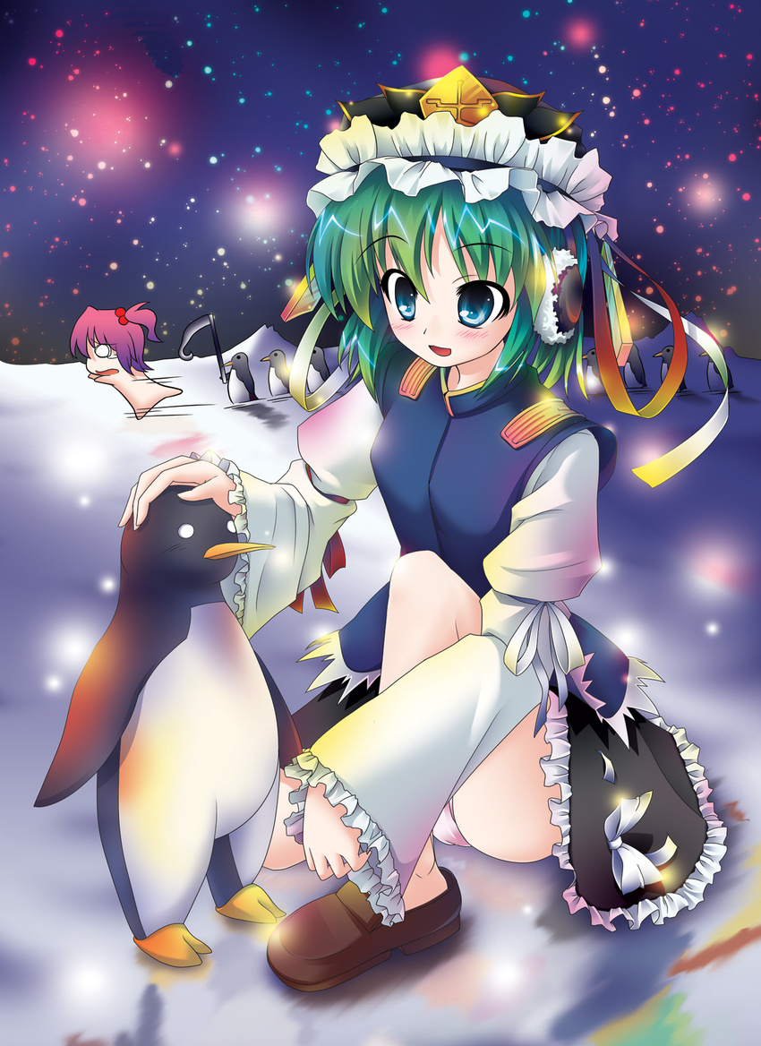 animal bird blue_eyes green_hair hat highres koharuu multiple_girls onozuka_komachi panties pantyshot penguin petting red_hair scythe shiki_eiki short_hair touhou underwear