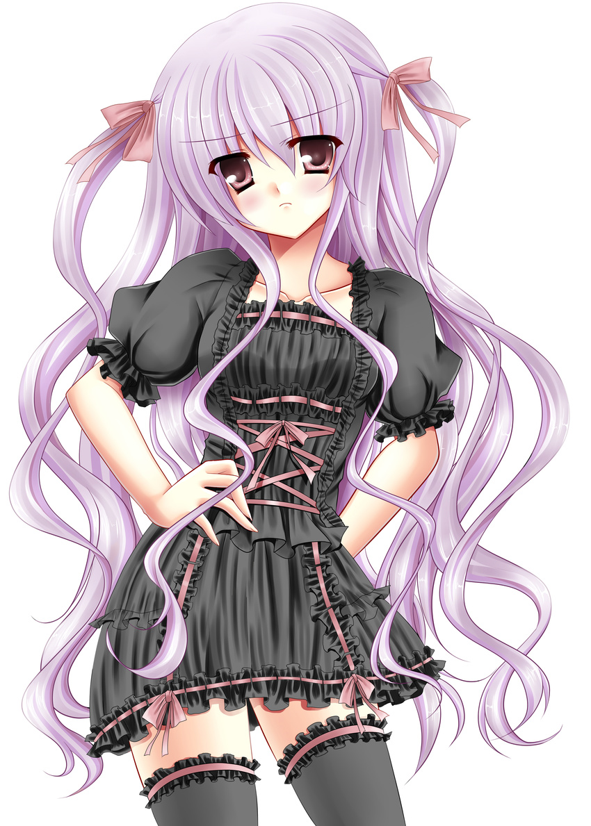 absurdres bad_id bad_pixiv_id blush frills hair_ribbon hand_on_hip highres kirihara_natsuki long_hair original purple_eyes purple_hair ribbon solo thighhighs twintails very_long_hair zettai_ryouiki