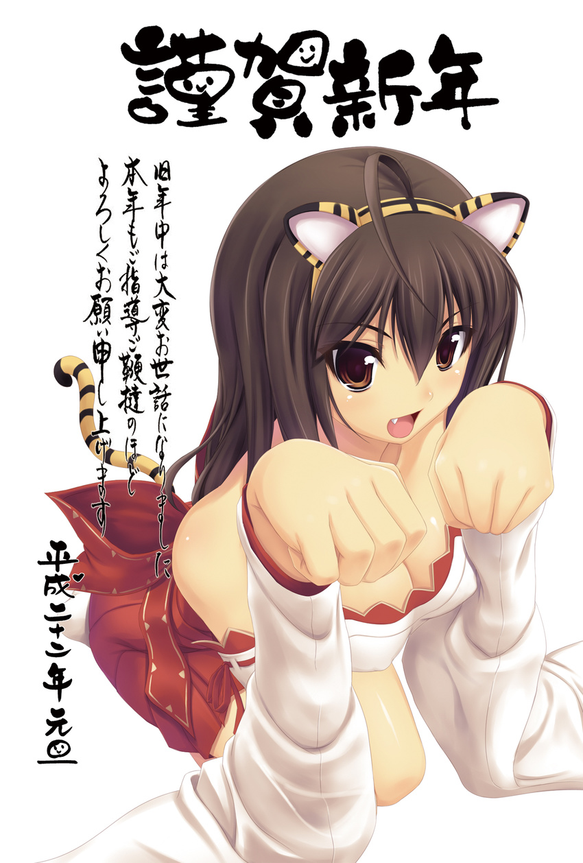 2010 animal_ears bare_shoulders breasts brown_eyes brown_hair cleavage copyright_request fang fujirin highres large_breasts long_hair new_year paw_pose solo tail tiger_ears tiger_tail translation_request