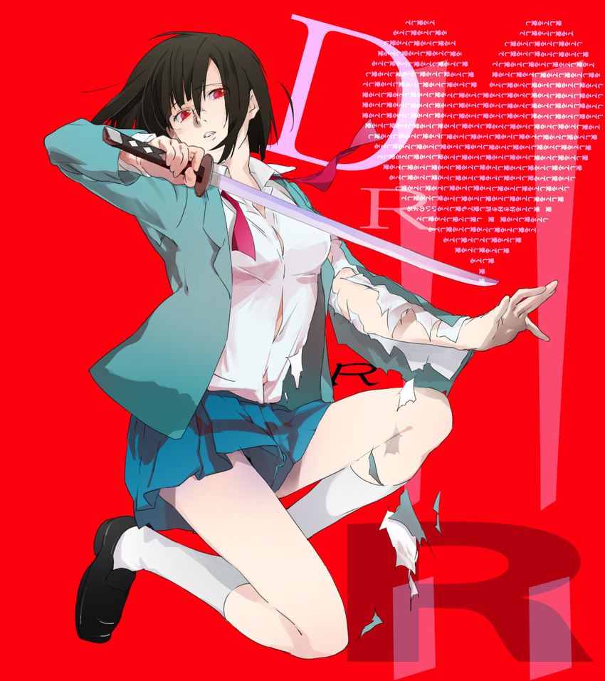 black_hair blood bob_cut breasts durarara!! glasses heart highres large_breasts pleated_skirt red_eyes school_uniform short_hair skirt solo sonohara_anri sunna sword torn_clothes weapon