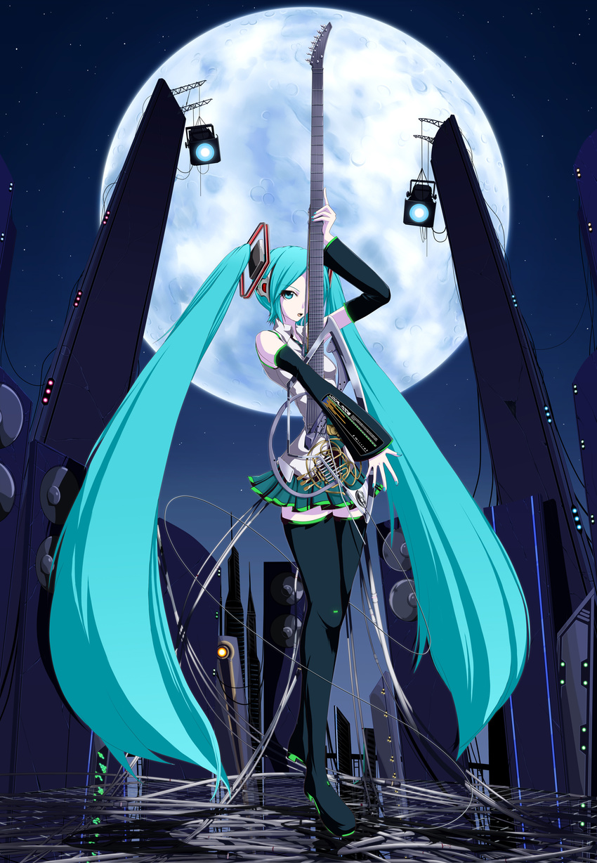 absurdres aqua_eyes aqua_hair detached_sleeves full_moon guitar hatsune_miku highres instrument legs long_hair merusen@aki moon skirt solo speaker thighhighs twintails very_long_hair vocaloid