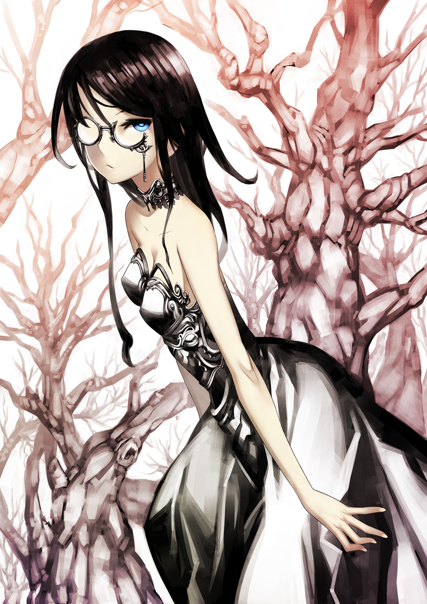 bangs bare_arms bare_shoulders bare_tree black-framed_eyewear black_dress black_hair blue_eyes breastplate breasts choker closed_mouth dress feet_out_of_frame from_side frown glasses highres jewelry jitome kunieda leaning_forward long_hair looking_at_viewer looking_to_the_side nail_polish necklace one_eye_covered opaque_glasses original pince-nez round_eyewear solo spikes standing strapless strapless_dress tree white_background white_nails
