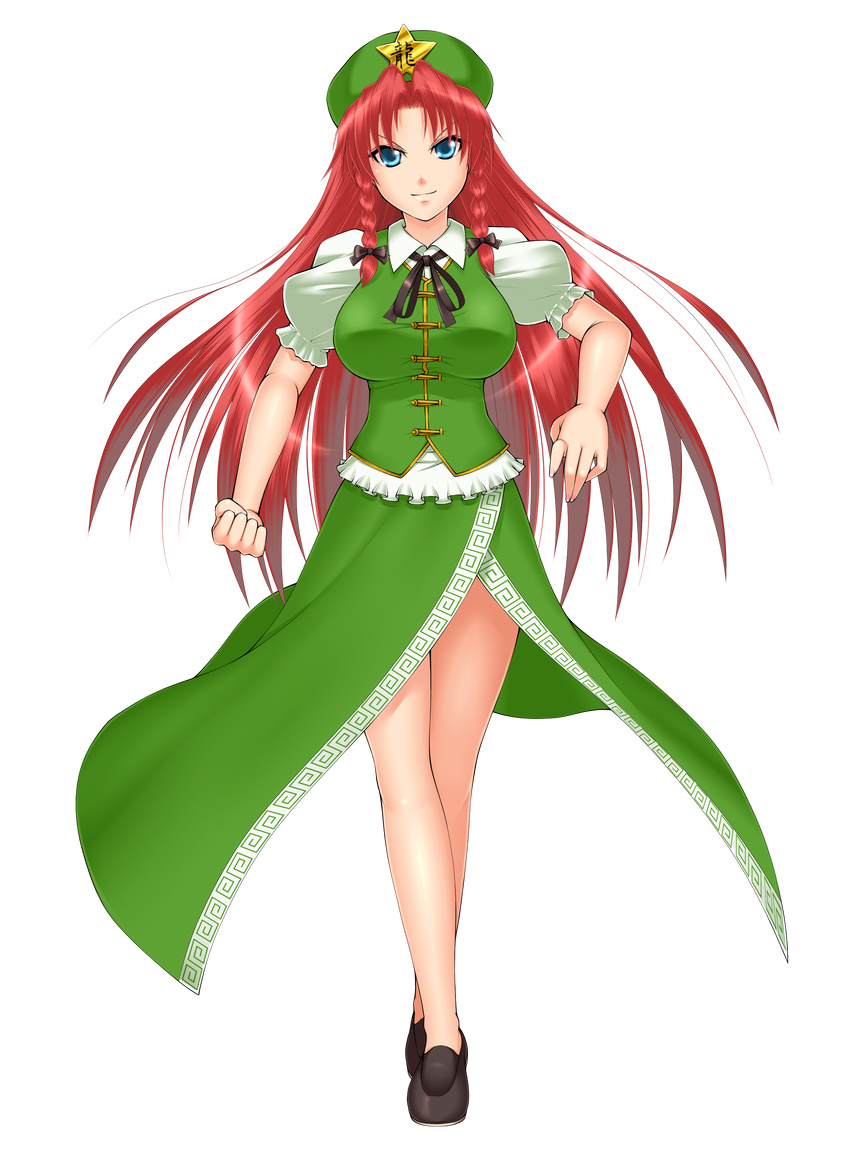 absurdres beret blue_eyes bow braid china_dress chinese_clothes dress full_body genjuu_rou hair_bow hat highres hong_meiling long_hair md5_mismatch red_hair solo touhou transparent_background twin_braids