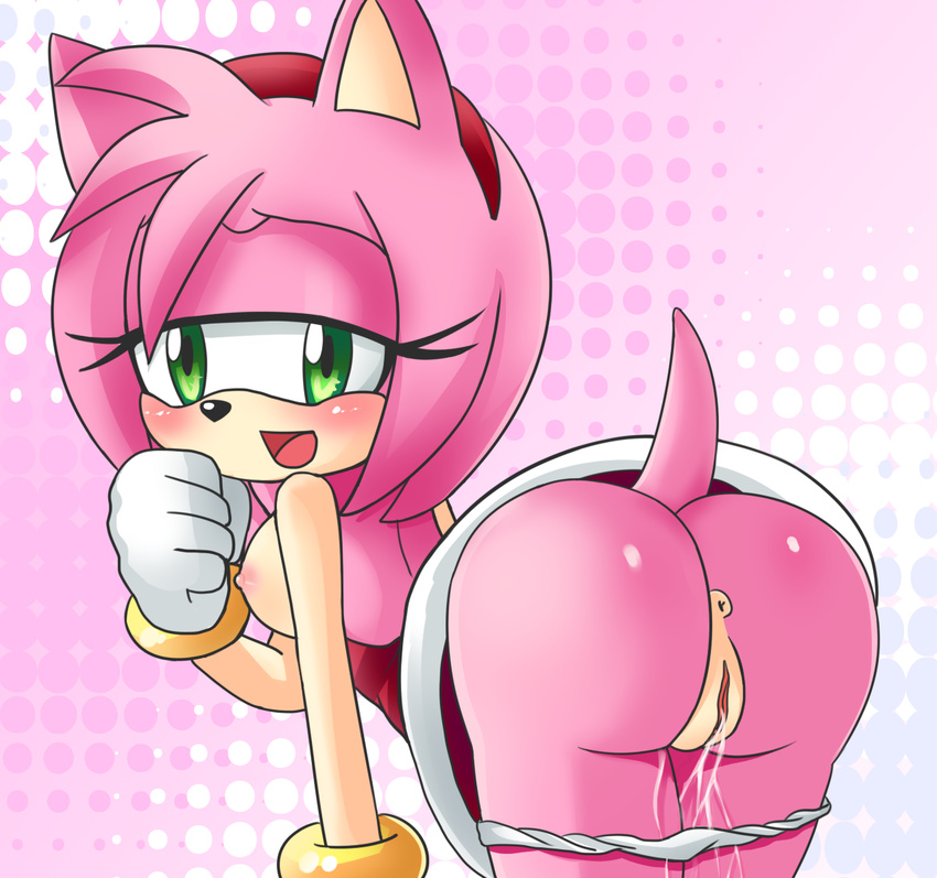 amy_rose anus blush breasts butt female hedgehog horny looking_at_viewer looking_back mammal mikuhoshi nipples open_mouth presenting presenting_hindquarters pussy pussy_juice sega smile solo sonic_(series) sonic_team underwear wet