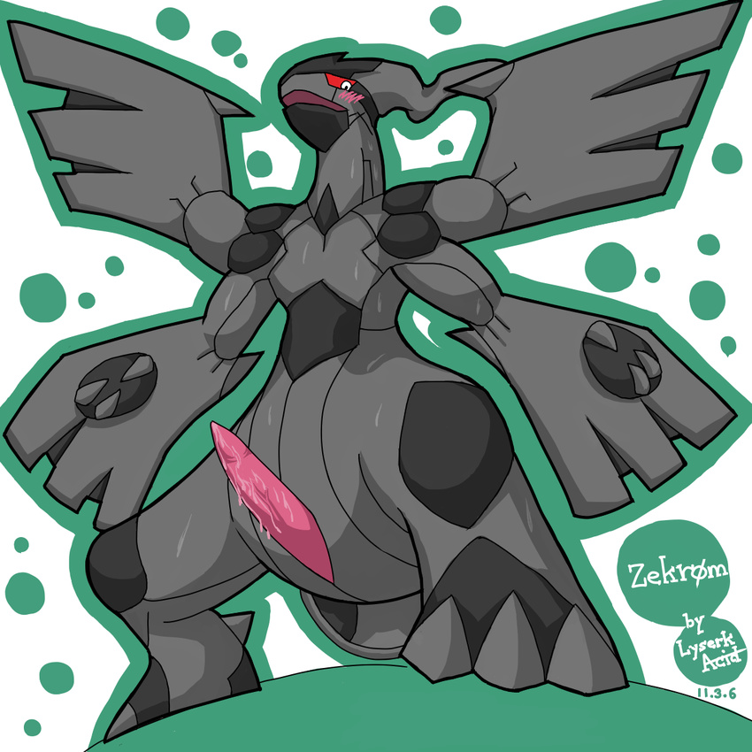 bipedal blush digital_media_(art) dragon dripping erection feral front_view full-length_portrait grey_claws grey_markings grey_skin head_tail legendary_pok&#233;mon looking_down lyserk_acid(artist) lyserk_acid_(artist) male multicolored_background nintendo open_mouth penis pink_penis plain_background pok&#233;mon pokemon precum red_sclera slit solo spread_legs spreading standing sweat tapering_penis teal_background text three-quarter_view video_games white_background white_eyes wings zekrom