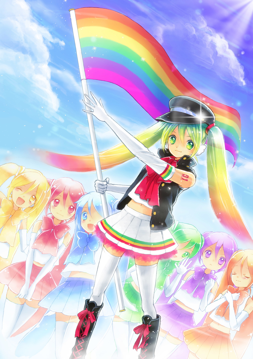 absurdres bad_id bad_pixiv_id boots cloud cross-laced_footwear day elbow_gloves flag gloves hat hatsune_miku highres knee_boots lace-up_boots long_hair midriff multicolored multicolored_hair multicolored_stripes navel nire_(scissors) peaked_cap rainbow skirt sky solo striped thighhighs twintails very_long_hair vocaloid