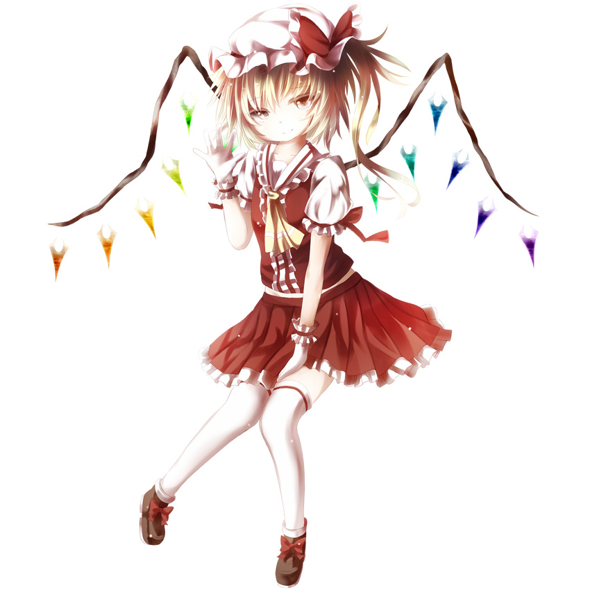 ascot blonde_hair flandre_scarlet full_body gloves hat highres red_eyes shirt side_ponytail skirt skirt_set smile solo thighhighs touhou transparent_background umagenzin waving white_gloves white_legwear wings zettai_ryouiki