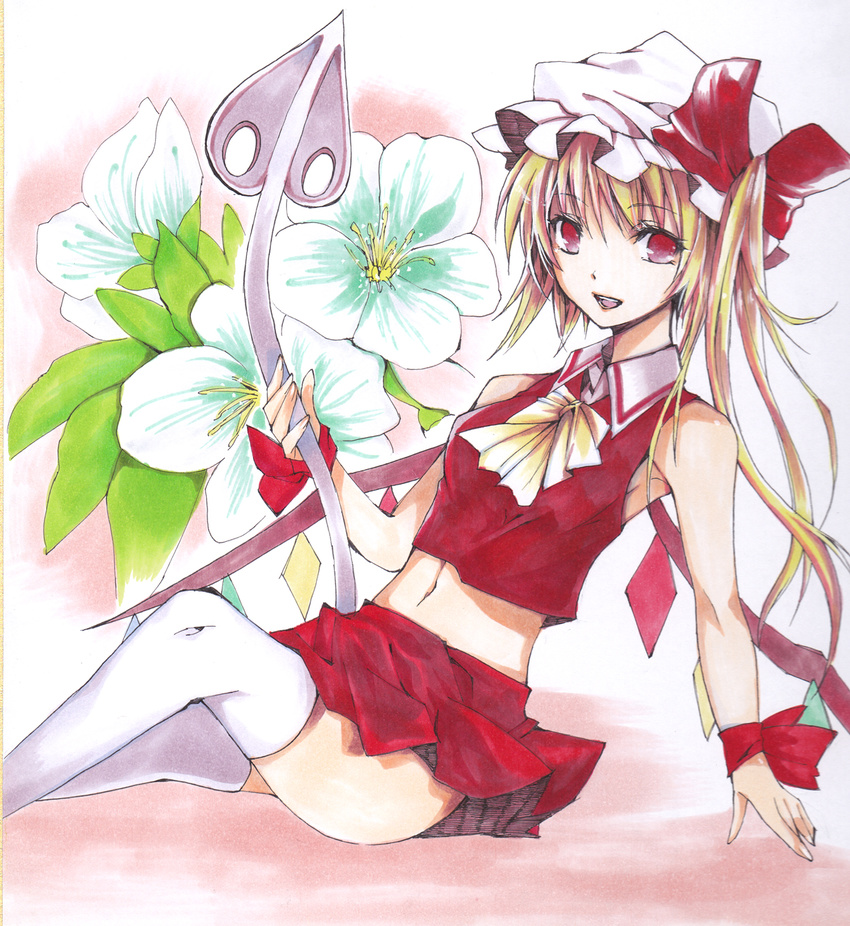 adapted_costume ascot atoshi bad_id bad_pixiv_id blonde_hair flandre_scarlet flower hat highres laevatein long_hair marker_(medium) midriff millipen_(medium) navel open_mouth red_eyes shikishi side_ponytail sitting sleeveless solo thighhighs touhou traditional_media white_legwear wings