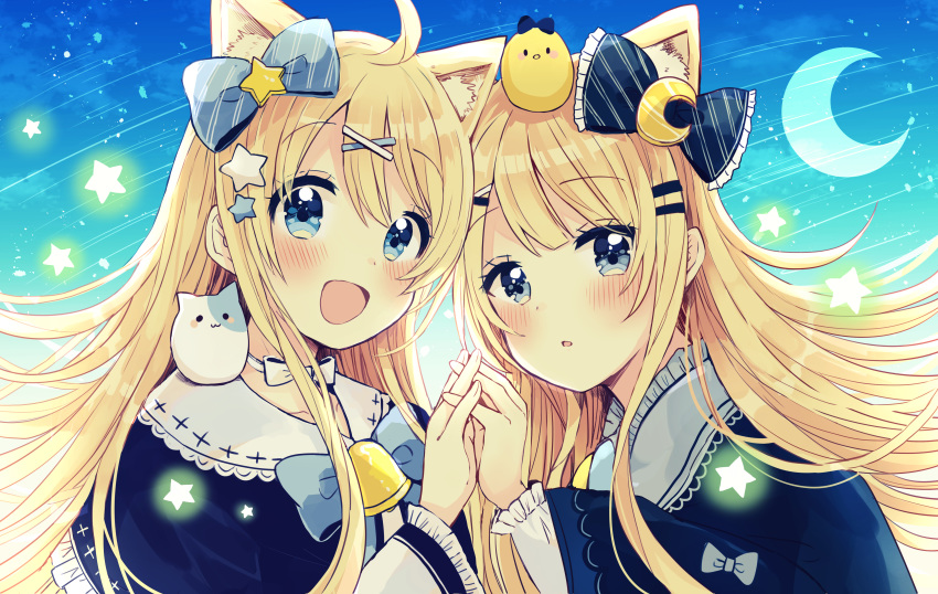 2girls :d absurdres ahoge animal animal_ear_fluff animal_ears bangs bell bird blonde_hair blue_bow blue_capelet blue_eyes blue_sky blush bow capelet cat cat_ears chick cloud commentary_request crescent crescent_moon day diagonal_stripes eyebrows_visible_through_hair fingernails frilled_capelet frilled_sleeves frills hair_between_eyes hair_bow hand_up head_tilt highres interlocked_fingers long_hair long_sleeves moon multiple_girls on_head on_shoulder open_mouth original outdoors parted_lips sakura_oriko siblings sisters sky smile star striped striped_bow very_long_hair