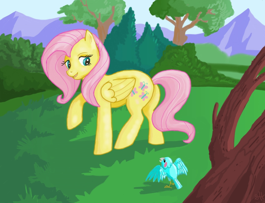 bird equine female feral fluttershy_(mlp) forest friendship_is_magic hair hasbro horse mammal mountain my_little_pony pegasus pink_hair pony solo sorcerushorserus sorcerushorserus_(artist) tree treewings wings wood