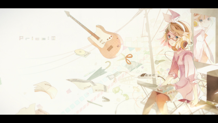 1girl bespectacled blonde_hair brother_and_sister glasses guitar hair_ornament hair_ribbon hairclip headphones headphones_around_neck instrument kagamine_len kagamine_rin letterboxed miwasiba reflection ribbon short_hair siblings sitting smile twins vocaloid
