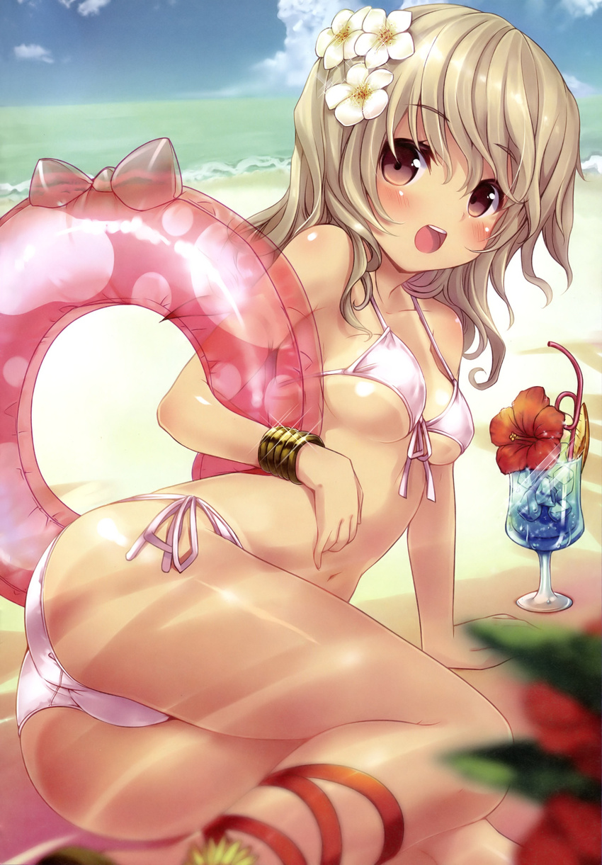 :d absurdres ankle_lace-up arm_support ass beach bikini blonde_hair blue_hawaii blurry blush bracelet breasts brown_eyes cross-laced_footwear day dengeki_hime depth_of_field drink flower front-tie_top hair_flower hair_ornament hibiscus highres innertube jewelry leg_ribbon legs long_hair looking_at_viewer lying medium_breasts minamura_haruki navel on_side open_mouth original outdoors ribbon sandals shiny shiny_skin side-tie_bikini smile solo strap_gap swimsuit tan tanline thighs trefoil tropical_drink water