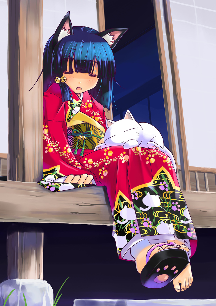 absurdres animal_ears barefoot bell blue_hair cat cat_ears closed_eyes door fang hair_bell hair_ornament highres japanese_clothes kageyama_shinobi kimono long_hair open_mouth original sandals shoes single_shoe sitting sleeping sleeping_upright solo veranda