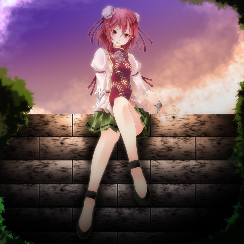 bad_id bad_pixiv_id bandages bare_legs bun_cover chinese_clothes double_bun flower highres ibaraki_kasen pink_eyes pink_flower pink_hair pink_rose rose s-syogo short_hair sitting sitting_on_stairs skirt solo stairs touhou