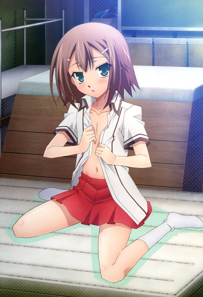 absurdres baka_to_test_to_shoukanjuu blush brown_hair crossdressing flat_chest green_eyes hair_ornament hairclip highres kinoshita_hideyoshi kneeling male_focus non-web_source nyantype official_art open_clothes open_shirt otoko_no_ko scan school_uniform serafuku shirt short_hair socks solo undressing yamayoshi_kazuyuki