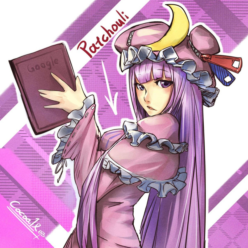 bad_id bad_pixiv_id book bow character_name cocoaore crescent directional_arrow google hair_bow hat highres long_hair looking_at_viewer patchouli_knowledge purple_eyes purple_hair solo touhou upper_body zipper