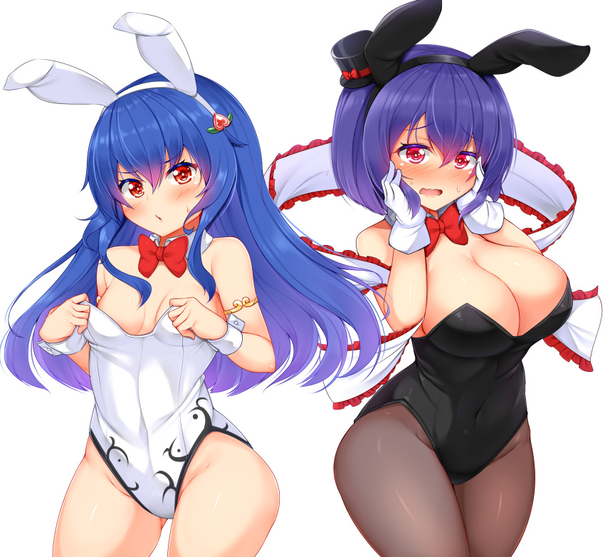 2girls alternate_costume animal_ears armlet bangs bare_arms bare_shoulders black_hairband black_hat blue_hair blush bow bowtie breasts bunny_ears bunnysuit cleavage commentary_request covered_navel cowboy_shot detached_collar embarrassed eyebrows_visible_through_hair fake_animal_ears food_themed_hair_ornament frilled_shawl frills gloves gluteal_fold gradient_hair groin hair_between_eyes hair_ornament hairband hands_on_own_cheeks hands_on_own_face hat hat_bow highres hinanawi_tenshi large_breasts long_hair looking_at_viewer medium_breasts mini_hat mini_top_hat multicolored_hair multiple_girls nagae_iku no_hat no_headwear nose_blush pantyhose peach_hair_ornament purple_hair red_bow red_eyes red_neckwear shawl sheer_legwear short_hair simple_background standing thighs tokoya_(ex-hetare) top_hat touhou white_background white_gloves white_hairband wrist_cuffs