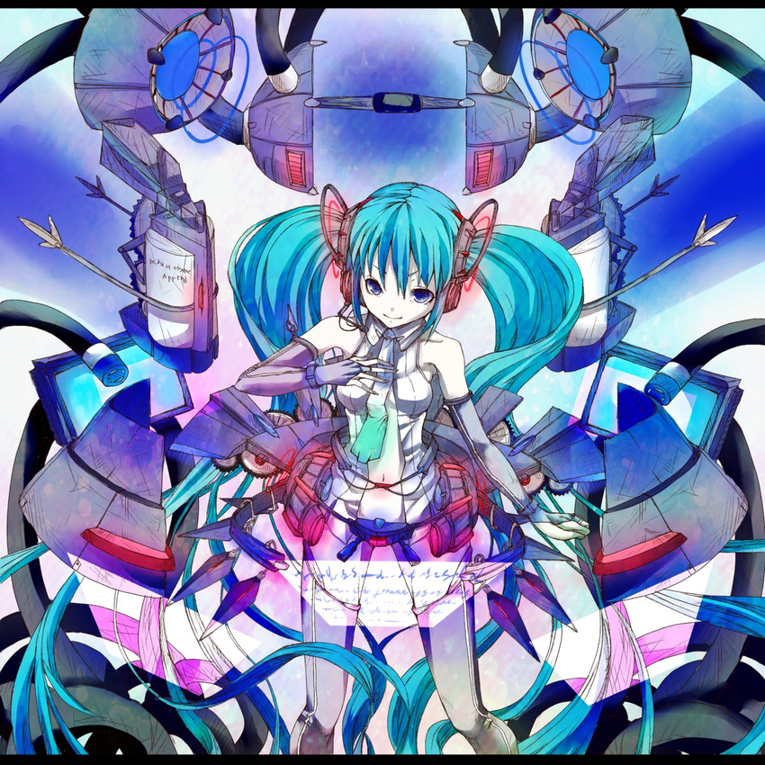 aqua_hair bad_id bad_pixiv_id blue_eyes bridal_gauntlets elbow_gloves gloves hand_on_own_chest hatsune_miku hatsune_miku_(append) highres long_hair navel necktie shunsuke smile solo thighhighs twintails very_long_hair vocaloid vocaloid_append