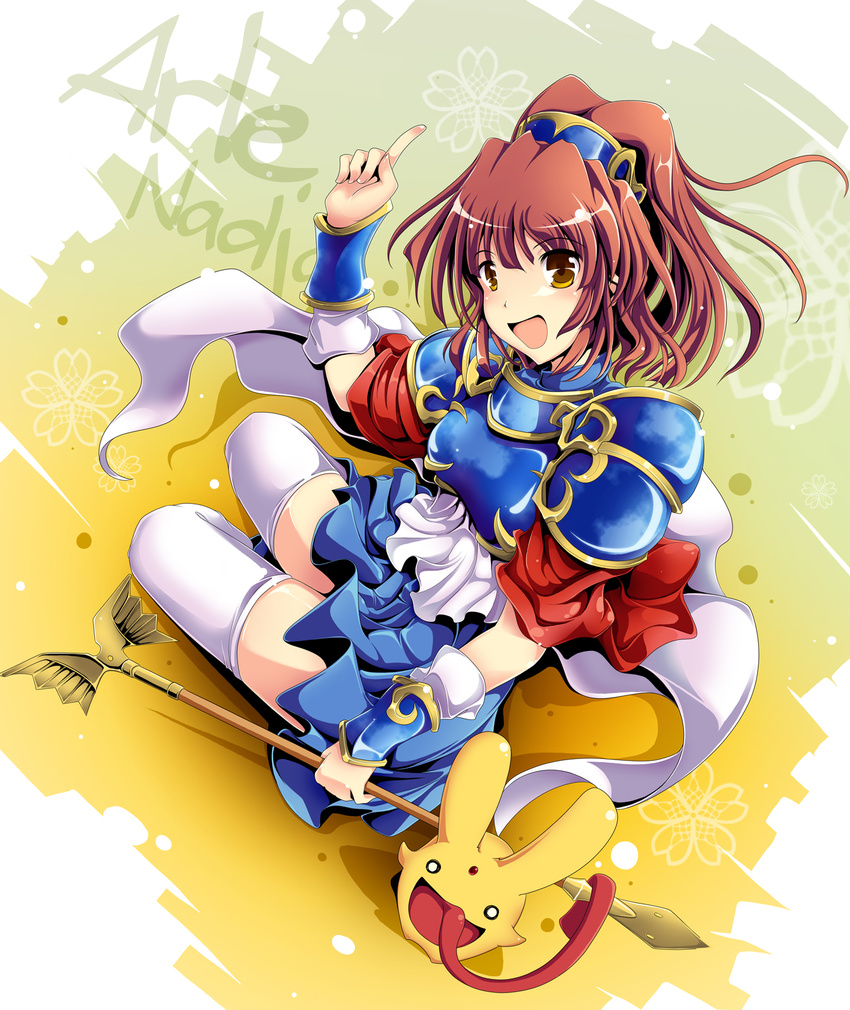 arle_nadja armor armored_dress blue_skirt bracer brown_hair cape carbuncle_(puyopuyo) character_name highres ichirino_minagi madou_monogatari open_mouth pointing puyopuyo short_hair skirt thighhighs tongue wand white_legwear yellow_eyes