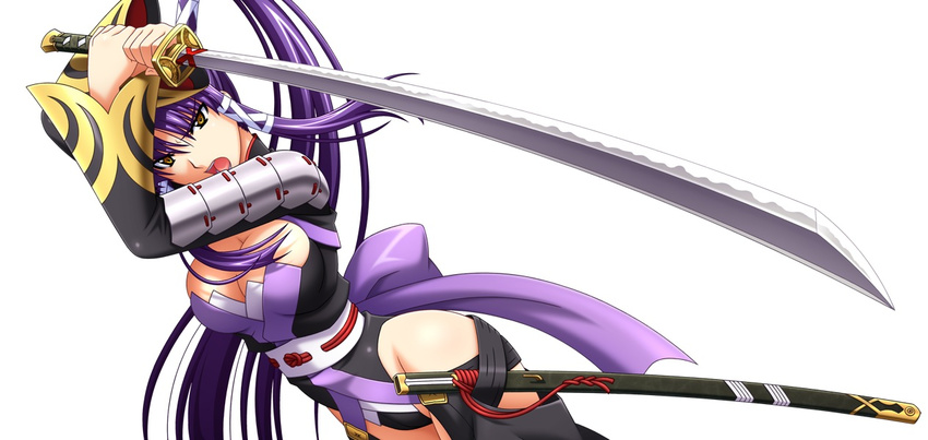 1girl breasts cleavage fujii_kazuha game_cg katana long_hair psy-chs purple_hair sheath sierra_reventon simple_background solo sword tasogare_no_elesia_-divus_rabies_0 weapon yellow_eyes