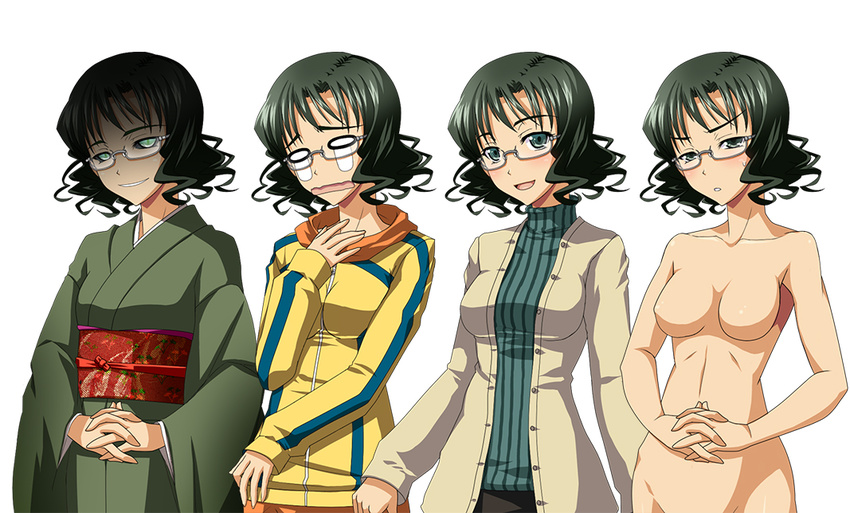 black_sclera blush collarbone costume_chart glasses green_eyes green_hair hand_on_own_chest hands_clasped hood hoodie ichimedoo idolmaster idolmaster_relations japanese_clothes kimono no_nipples nude o_o obi open_mouth own_hands_together sanomi_kokoro sash short_hair smile sweatdrop tears wavy_hair wavy_mouth