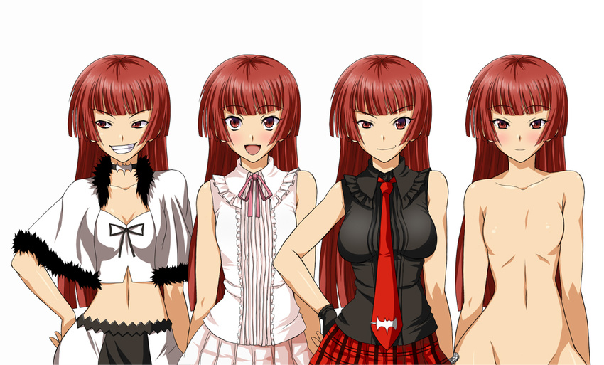 bangs blunt_bangs blush choker collarbone costume_chart flat_chest gloves grin hand_on_hip ichimedoo idolmaster idolmaster_relations long_hair midriff navel necktie no_nipples nude open_mouth red_eyes red_hair ribbon simple_background smile tougouji_reika