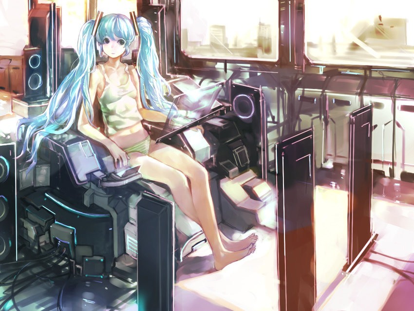 aqua_eyes aqua_hair barefoot feet hatsune_miku highres indoors long_hair midriff panties sitting solo speaker striped striped_panties tank_top twintails underwear vocaloid window zrero