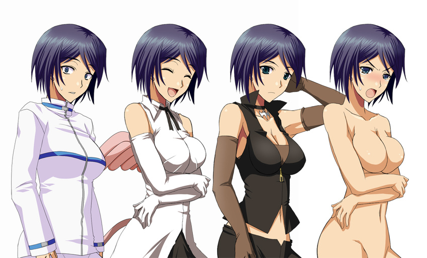 adjusting_hair blue_eyes blue_hair blush breasts cleavage closed_eyes collarbone costume_chart covering covering_breasts crossed_arms elbow_gloves gloves ichimedoo idolmaster idolmaster_relations large_breasts navel no_nipples nude open_mouth sanjou_tomomi short_hair simple_background smile sweatdrop tears