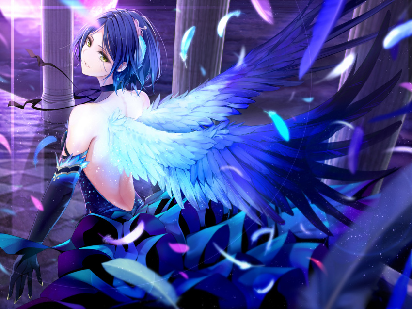 1girl above_clouds back backless_dress backless_outfit bangs bare_shoulders black_choker black_gloves blue_dress blue_hair blurry breasts checkered checkered_floor choker commentary_request depth_of_field dress elbow_gloves fantasy feathered_wings feathers frilled_dress frills from_behind full_moon giba_(out-low) gloves hair_ornament hayami_kanade highres idolmaster idolmaster_cinderella_girls idolmaster_cinderella_girls_starlight_stage light_particles long_dress looking_at_viewer looking_back medium_breasts moon night parted_bangs pillar reflection short_hair sidelocks solo standing wings yellow_eyes