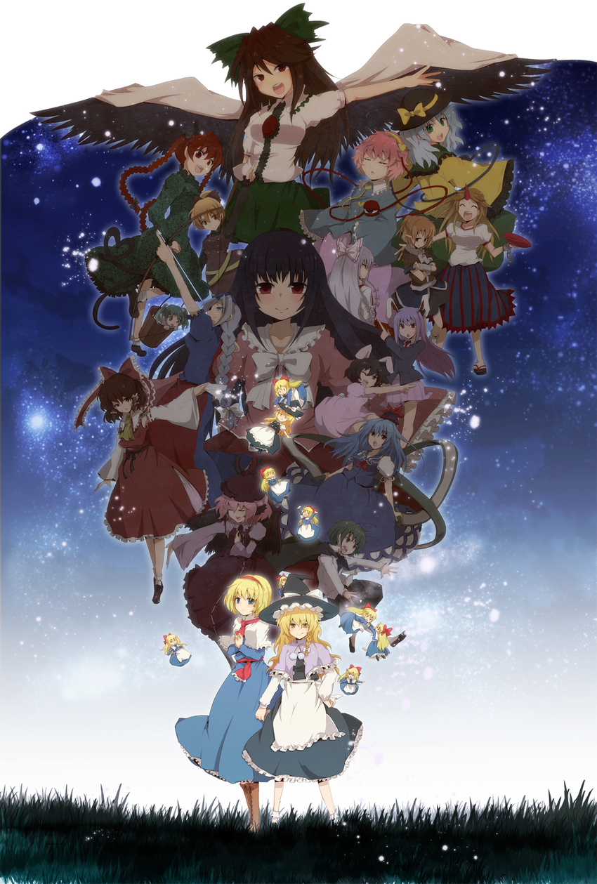 ^_^ alice_margatroid animal_ears aoi_(annbi) arm_cannon ascot black_hair black_wings blonde_hair blue_eyes blue_hair boots bow bow_(weapon) braid brown_hair bucket bunny_ears cape capelet closed_eyes cross-laced_footwear crossed_arms cuffs cup detached_sleeves everyone fujiwara_no_mokou green_eyes green_hair grey_hair hair_bobbles hair_bow hair_ornament hair_tubes hairband hakurei_reimu hat hat_bow heart highres horn hoshiguma_yuugi houraisan_kaguya imperishable_night inaba_tewi kaenbyou_rin kamishirasawa_keine kirisame_marisa kisume komeiji_koishi komeiji_satori kurodani_yamame lace-up_boots long_hair mizuhashi_parsee multiple_girls multiple_tails mystia_lorelei ofuda open_mouth pink_hair pom_pom_(clothes) red_eyes red_hair reisen_udongein_inaba reiuji_utsuho sakazuki scroll shanghai_doll short_hair skirt slippers subterranean_animism tail third_eye touhou twin_braids twintails weapon wings wriggle_nightbug yagokoro_eirin yellow_eyes