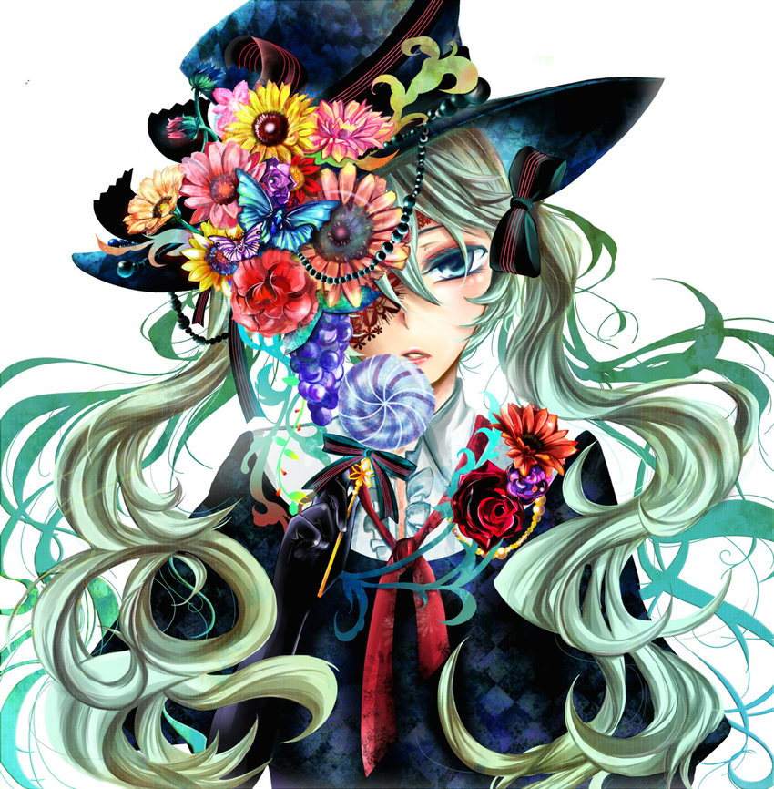 aqua_eyes bow flower gloves green_hair hair_bow hat hat_flower hatsune_miku head_tilt highres long_hair red_flower red_rose rose simple_background solo top_hat tubakinokubi twintails very_long_hair vocaloid