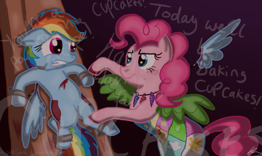 bdsm blood bondage bound cupcakes_(mlp_fanfic) equine female feral friendship_is_magic fur hasbro horse imminent_death mammal my_little_pony party_time pegasus pink_fur pinkamena pinkie_pie_(mlp) pony psycho rainbow_dash_(mlp) scared shaking smile torture wings