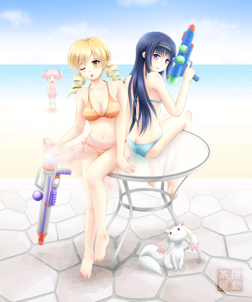 :3 :p akemi_homura ass barefoot bikini black_hair blonde_hair breasts cleavage drill_hair feet hair_ornament hairband highres kaname_madoka kyubey large_breasts long_hair mahou_shoujo_madoka_magica multiple_girls ochaya one_eye_closed pink_hair pink_sarong print_sarong purple_eyes sarong short_twintails sitting sparkle swimsuit table tomoe_mami tongue tongue_out translucent_sarong twin_drills twintails water water_gun yellow_eyes ||_||