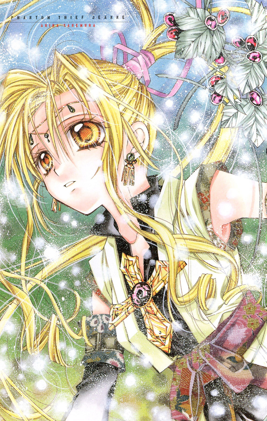 90s alternate_costume alternate_eye_color artist_name belt blonde_hair copyright_name cross detached_sleeves eyelashes hair_ribbon highres kaitou_jeanne kamikaze_kaitou_jeanne kusakabe_maron leaf long_hair marker_(medium) non-web_source perspective ponytail ribbon tanemura_arina tiara traditional_media yellow_eyes