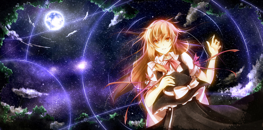 black_dress blonde_hair dress forest full_moon hair_ribbon hat hat_removed headwear_removed highres kirisame_marisa long_hair moon nature neck_ribbon night partially_submerged reflection ribbon ripples shirayuki_mutsumi sky smile solo star_(sky) starry_sky touhou water yellow_eyes