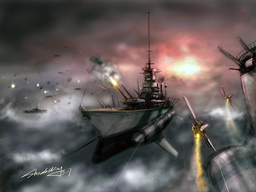 airplane battle battleship cloud firing flying gun highres jet military military_vehicle no_humans original shadowing ship signature sky smoke warship watercraft weapon