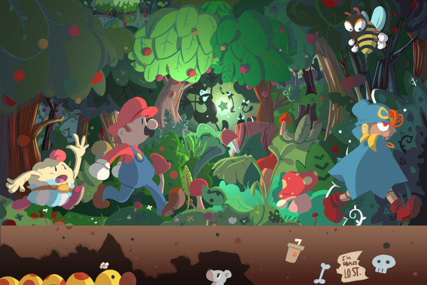 bee bone bowyer brown_hair bug bush cloak cuca doll_joints english facial_hair flower food forest fruit geno_(mario) glaring gloves glowing grass hat insect leaf mallow_(mario) mario mario_(series) mouse mushroom mustache nature open_mouth outstretched_arm overalls red_eyes skull star super_mario_bros. super_mario_rpg super_mushroom tree walking waving wiggler