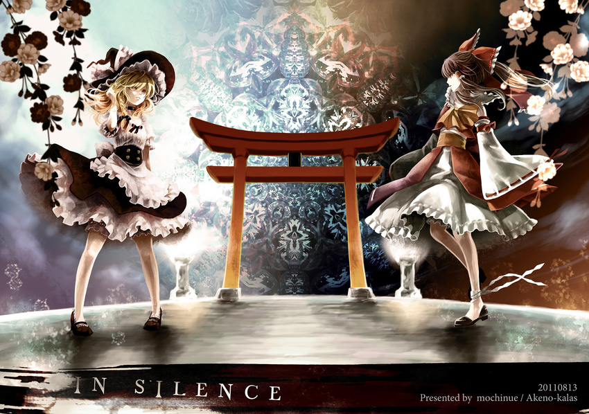 apron ascot blonde_hair bow braid brown_eyes brown_hair choker detached_sleeves hair_bow hair_ribbon hair_tubes hakurei_reimu hand_in_hair hat highres kirisame_marisa leg_ribbon mochinu multiple_girls ribbon ribbon_choker shirt skirt torii touhou witch_hat yellow_eyes