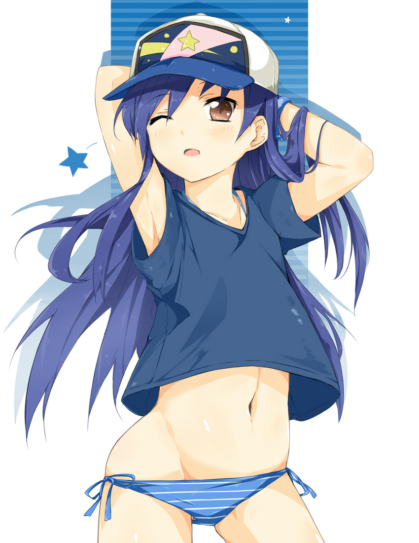 armpits arms_behind_head blue_hair bracelet brown_eyes hat highres idolmaster idolmaster_(classic) jewelry kisaragi_chihaya kitsune_(scaz) long_hair navel no_pants one_eye_closed open_mouth panties panty_pull shirt side-tie_panties solo striped striped_panties underwear