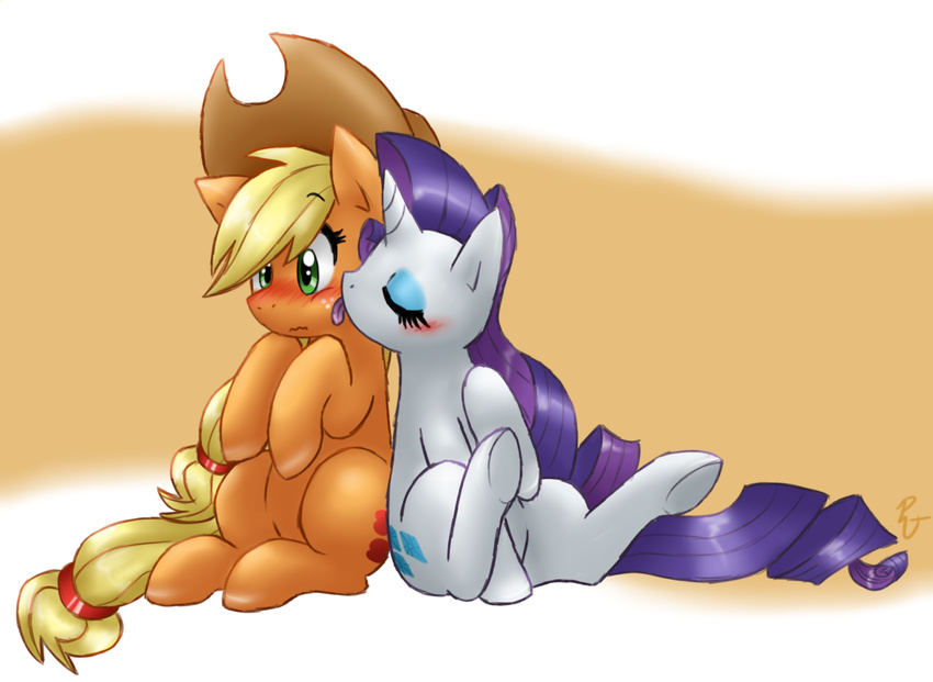 blush couple cowboy_hat cutie_mark duo embarrassed equine eyeshadow female feral friendship_is_magic fur hasbro hat horn horse lesbian licking makeup mammal my_little_pony orange_fur platina-jolteon pony rarity_(mlp) tongue unicorn white_fur