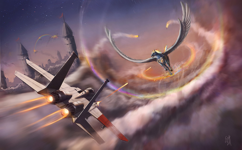 ace_combat_zero aerial_battle afterburner aircraft airplane armor barding battle cloud commentary crossover english_commentary epic explosion f-15_eagle fighter_jet fire flag flying gun horse jet larry_foulke military military_vehicle missile my_little_pony my_little_pony_friendship_is_magic no_humans pegasus pvtskwerl rainbow rainbow_dash realistic signature sky tower weapon wings