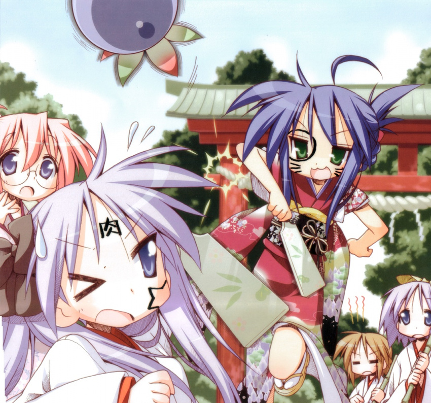 ahoge alternate_hairstyle blue_eyes blue_hair broom brown_hair facepaint floral_print furisode glasses green_eyes hagoita hair_ribbon hanetsuki hiiragi_kagami hiiragi_matsuri hiiragi_tsukasa ink izumi_konata japanese_clothes kimono lucky_star miko mole multiple_girls new_year obi official_art open_mouth paddle pink_hair purple_eyes purple_hair ribbon sandals sash sweat sweatdrop tabi takara_miyuki tareme torii tsurime twintails yoshimizu_kagami zouri